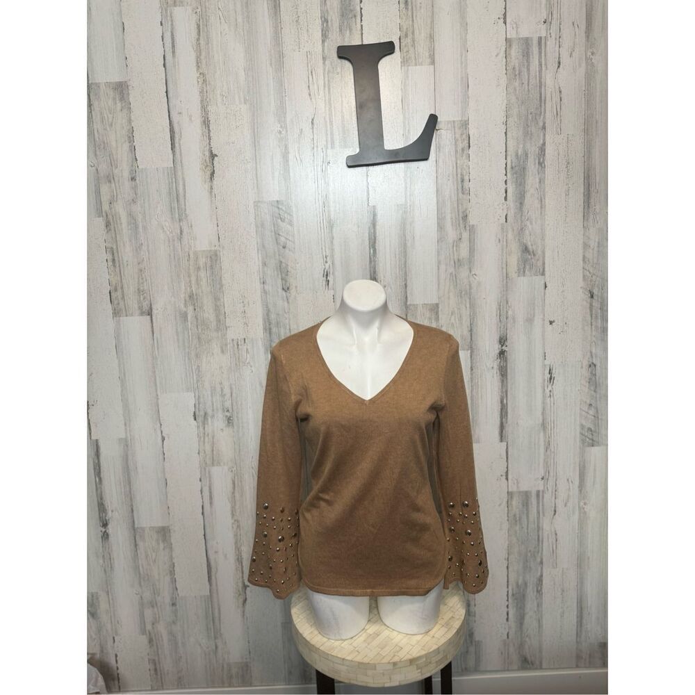 INC International Concepts Studded Bell Sleeve V-Neck Top Large Brown Night Ride